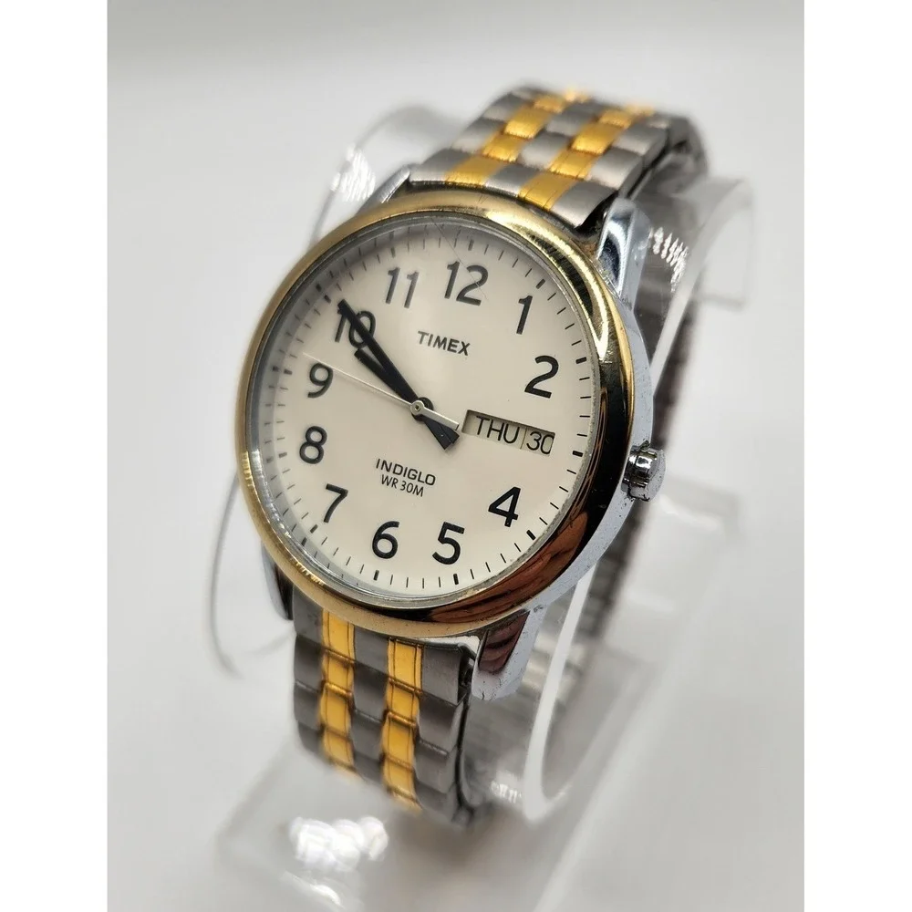 Timex Indiglo WR 30M Easy Reader Day Date Watch Two-Tone Stretch Band Cream Dial